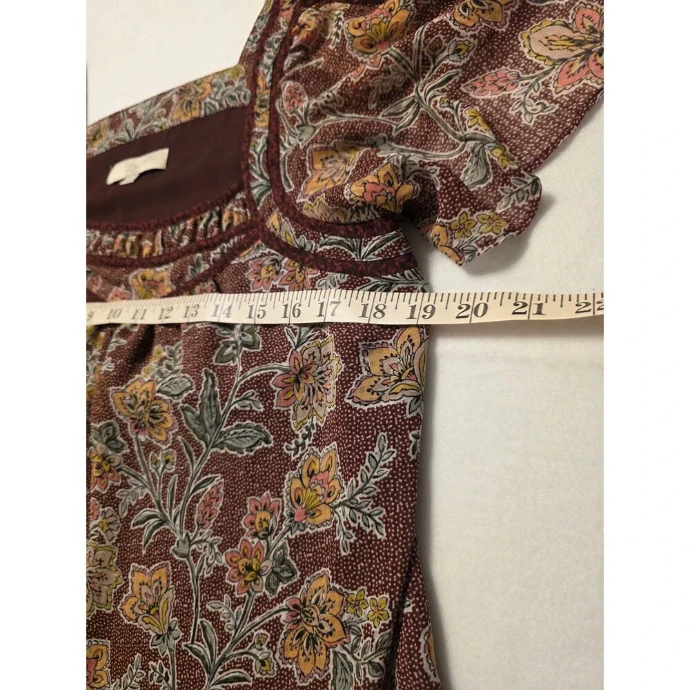 LOFT Women's M Burgundy Multicolor Floral Square Neck Smocked Puff Sleeve Blouse